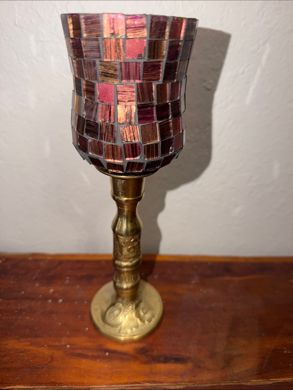Vintage Brass Candlestick Stained Glass India Grandma Fairycore Rustic Gold